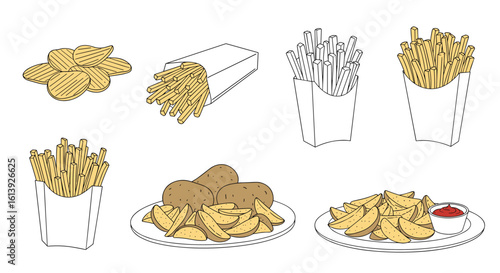 Collection of delicious golden french fries and crispy fried chicken nuggets served with ketchup illustration