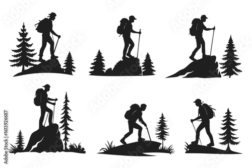 Silhouette of hikers with backpacks and trekking poles in a forest setting