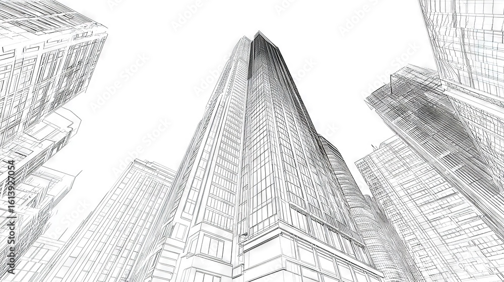 Fototapeta premium A monochrome sketch of a metropolis featuring towering structures in front and a backdrop of clouds