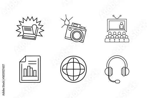 Mass Media Icon Set. a document with bar chart, a globe representing, a headset  and more . Vector Illustration 