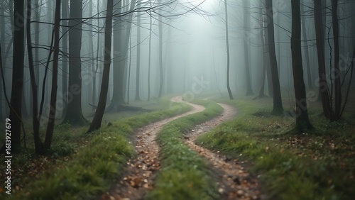 Misty forest with diverging paths and atmospheric lighting