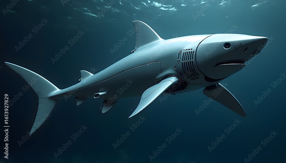 Fototapeta premium A futuristic robotic shark swims gracefully through the deep ocean, a blend of technology and marine life.