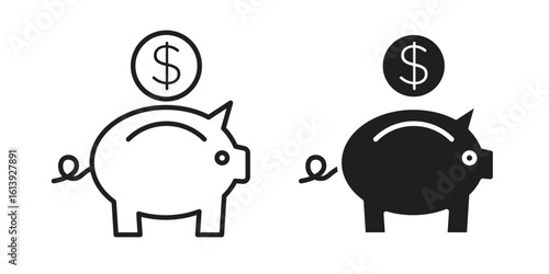 Piggy bank icon flat and stroke style pack on white background. Vector illustrations