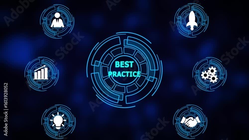 Business, Internet and network concept. BEST PRACTICE responsibility ethics goals company concept. a futuristic holographic advanced HUD circle platform ...