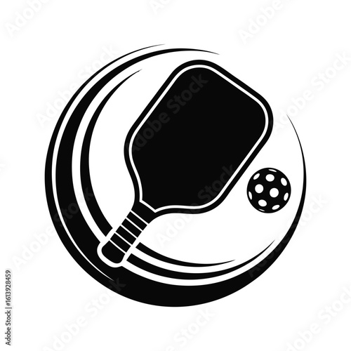 Pickleball paddle with motion trail and ball in circular action logo with dynamic energy theme vector design