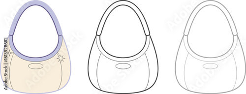 Women's Hobo Shoulder Bag Technical Flat Sketch Variations, Fashion Accessory Design, Modern Casual Style Vector, Product Development Template for Brand Collections.