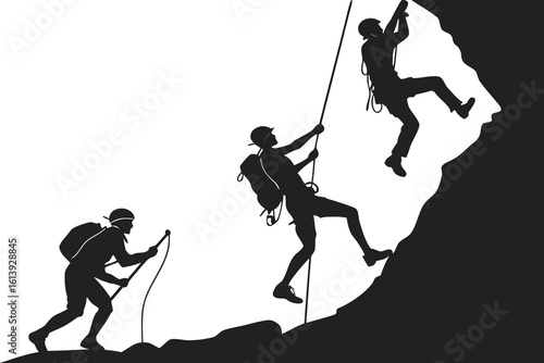 Silhouettes of three climbers ascending a rocky mountain face with ropes and poles