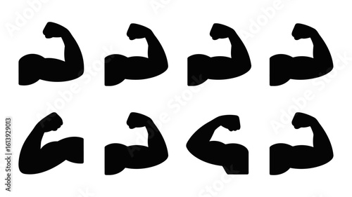 Vector art of a collection of muscular arm icons showcasing strength and fitness for graphic design projects