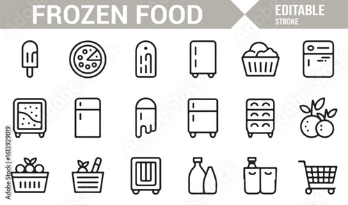 Frozen Food Icons for Digital Use Including Pizza, Ice Cream, and Refrigerators