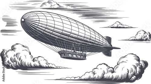 Vintage airship soars through the sky amidst fluffy clouds, rendered in a detailed engraving style, evoking a sense of adventure and nostalgia for classic aviation.