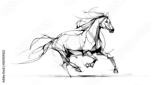   A monochromatic depiction of a galloping steed against a white canvas, framed by a corresponding linear illustration