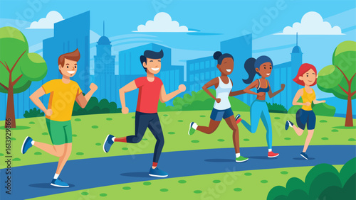 Group of runners enjoying a park jog