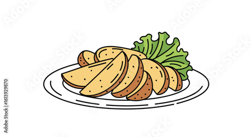 Deliciously baked potato wedges with fresh lettuce on a white plate for a wholesome meal