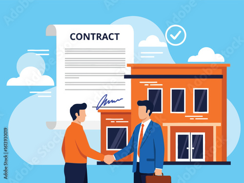 Two businessmen shaking hands to finalize a signed contract, with an office building in the background.