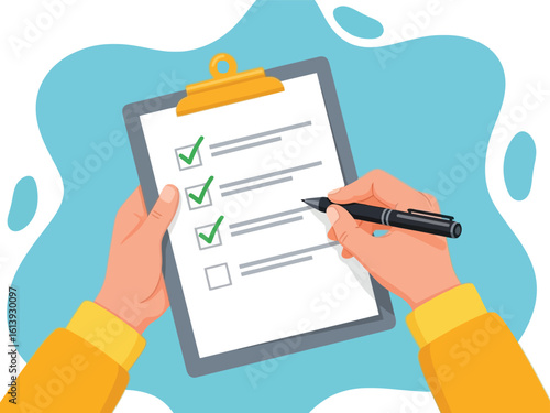 Hands completing a checklist on a clipboard, marking tasks as finished.