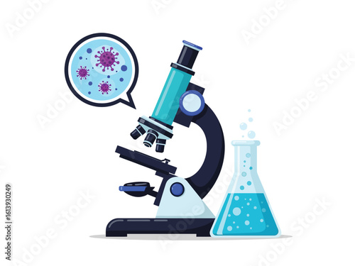 A scientific illustration of a microscope examining a sample of purple viruses within a circular magnified view, alongside a bubbling Erlenmeyer flask filled with blue liquid.