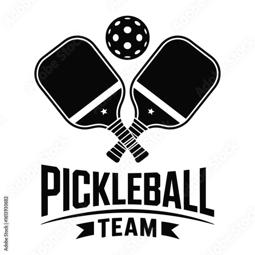 Silhouette of two crossed pickleball paddles with centered ball and bold text ribbon team emblem vector design