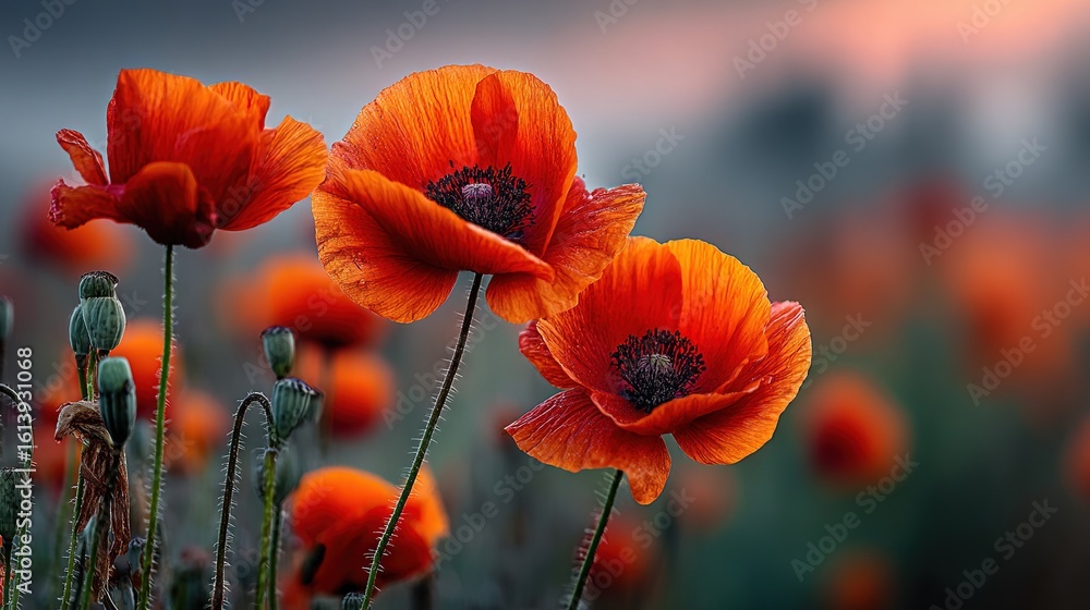 Obraz premium Red flowers in a field of grass with a cloudy sky