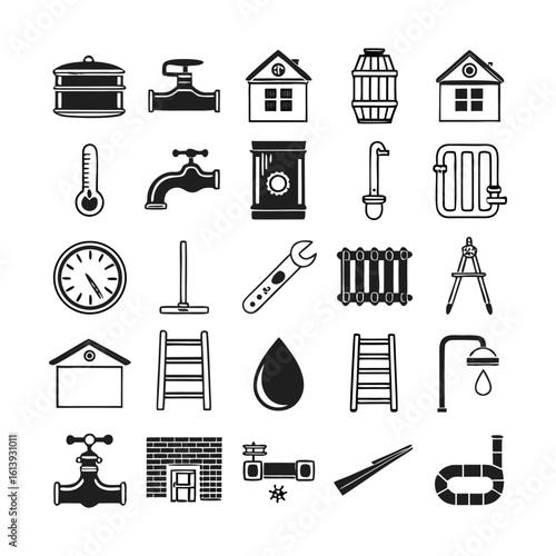 Modern Plumbing and Heating Icons Collection | Minimalist Vector Line Art for House Infrastructure, Water Systems, Boilers, and Repair Tools