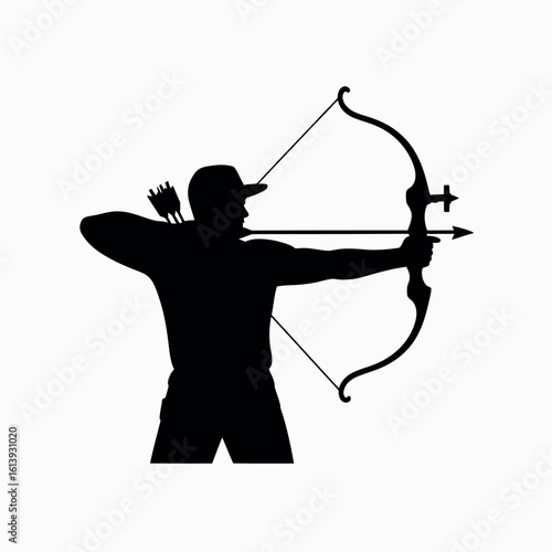 Silhouette Archer Aiming with Bow and Arrow at Target with Precision and Focus for Sport, Recreation, and Skillful Marksmanship