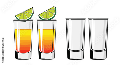 Two tequila shots with lime garnish alongside two empty shot glasses ready for pouring