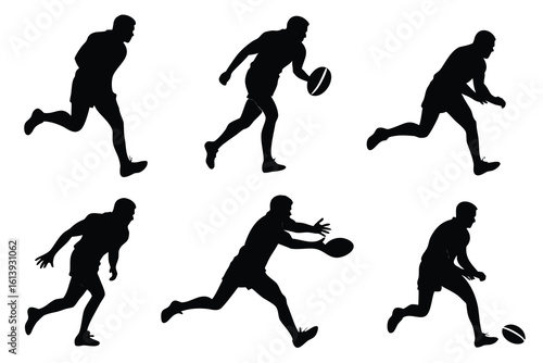 Silhouettes of six rugby players in action poses on a white background