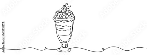 Continuous vector art line. Parfait. Ice cream in glass. Transparent background. editable stroke.