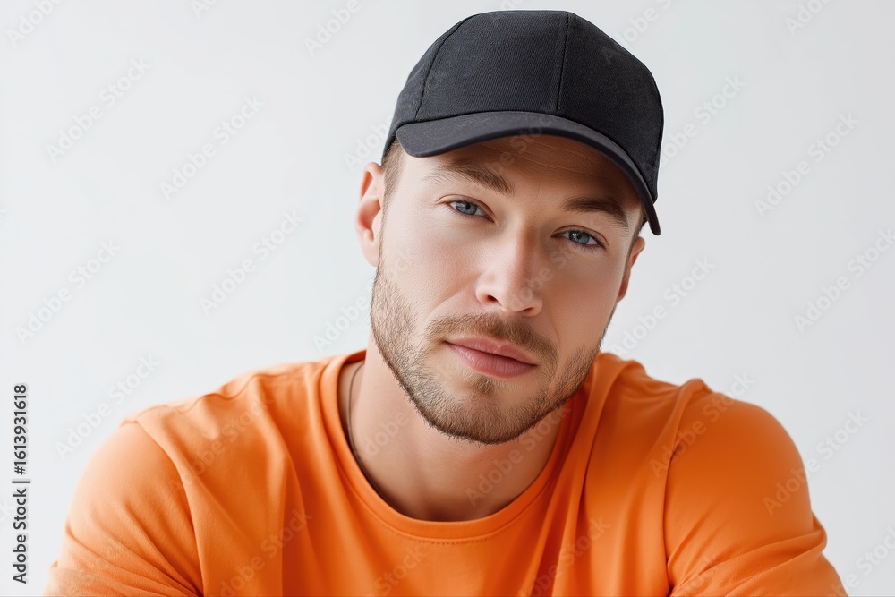 Young caucasian male wearing black cap and orange shirt with neutral expression Young caucasian male wearing black cap and orange shirt with neutral expression