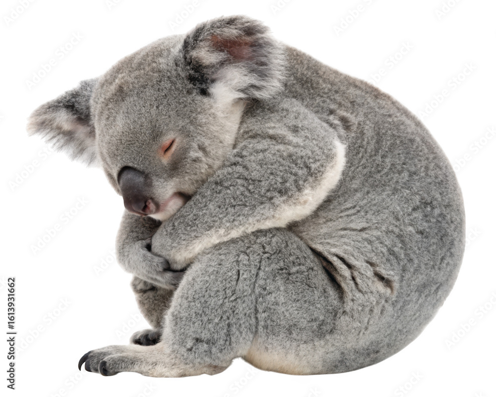 Naklejka premium A cute and cuddly koala is sleeping peacefully, curled up in a ball of soft, grey fur on a transparent background