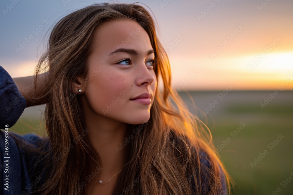 Fototapeta premium Young caucasian female gazing at sunset in open field with long hair