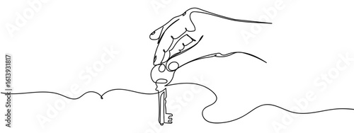 Continuous vector art line. Hand is unlocking the key. Transparent background. editable stroke.