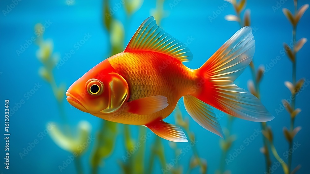 Fototapeta premium Red goldfish swimming gracefully in clear water, surrounded by aquatic plants and soft blue light.