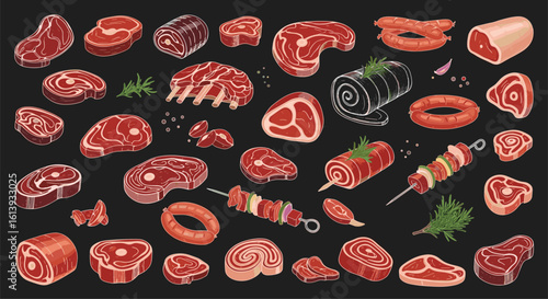 A diverse collection of fresh raw meat cuts and preparations for culinary enthusiasts
