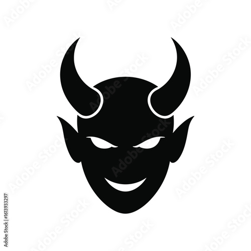 Minimalist black and white illustration of a smiling devil face depicting evil and sinister imagery
