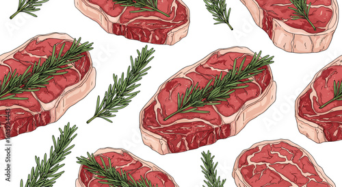 Freshly prepared raw steaks marbled with fat and garnished with rosemary herbs for gourmet cooking and grilling delicious meals
