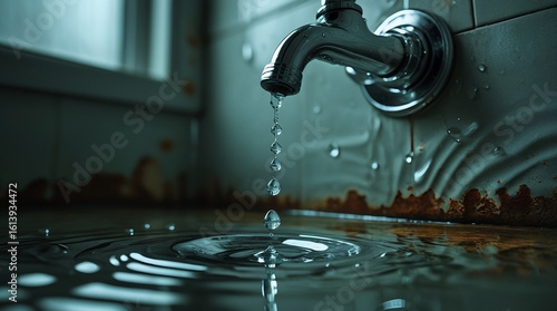 Water drips from a leaky faucet into a visibly dirty, rusty sink, with pooled water.