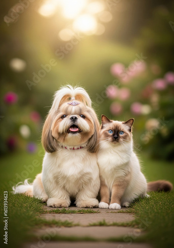 Um elegante cão Shih Tzu com uma tiara e um gato Ragdoll de olhos azuis posando juntos em um jardim florido ensolarado.