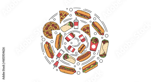A delicious assortment of fast food favorites arranged in a circular pattern