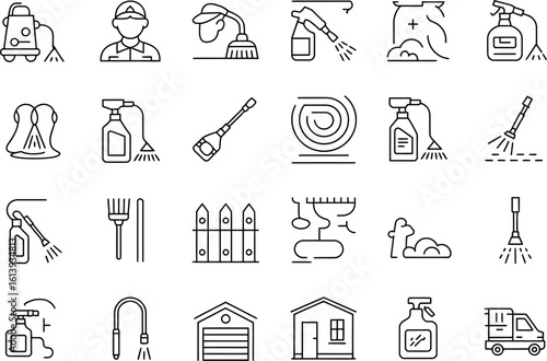 Power washing and cleaning services vector icons set line