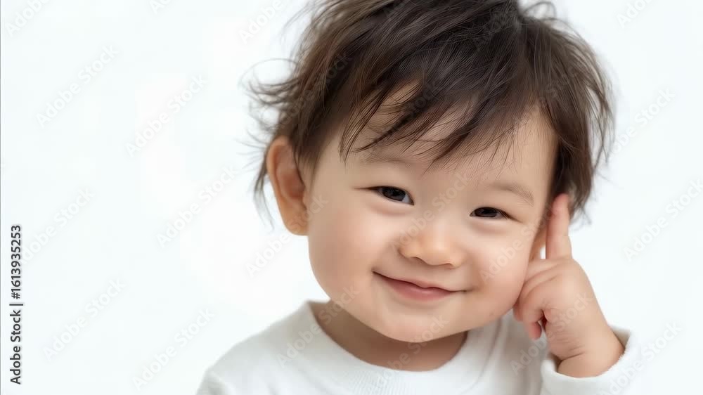 A young Asian boy with short, dark hair is thoughtfully touching his temple. He wears a white long-sleeve shirt and has a calm expression. A young Asian boy with short, dark hair is thoughtfully touching his temple. He wears a white long-sleeve shirt and has a calm expression.