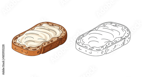 Deliciously creamy spread on toasted whole wheat bread slice isolated on white background detailed illustration