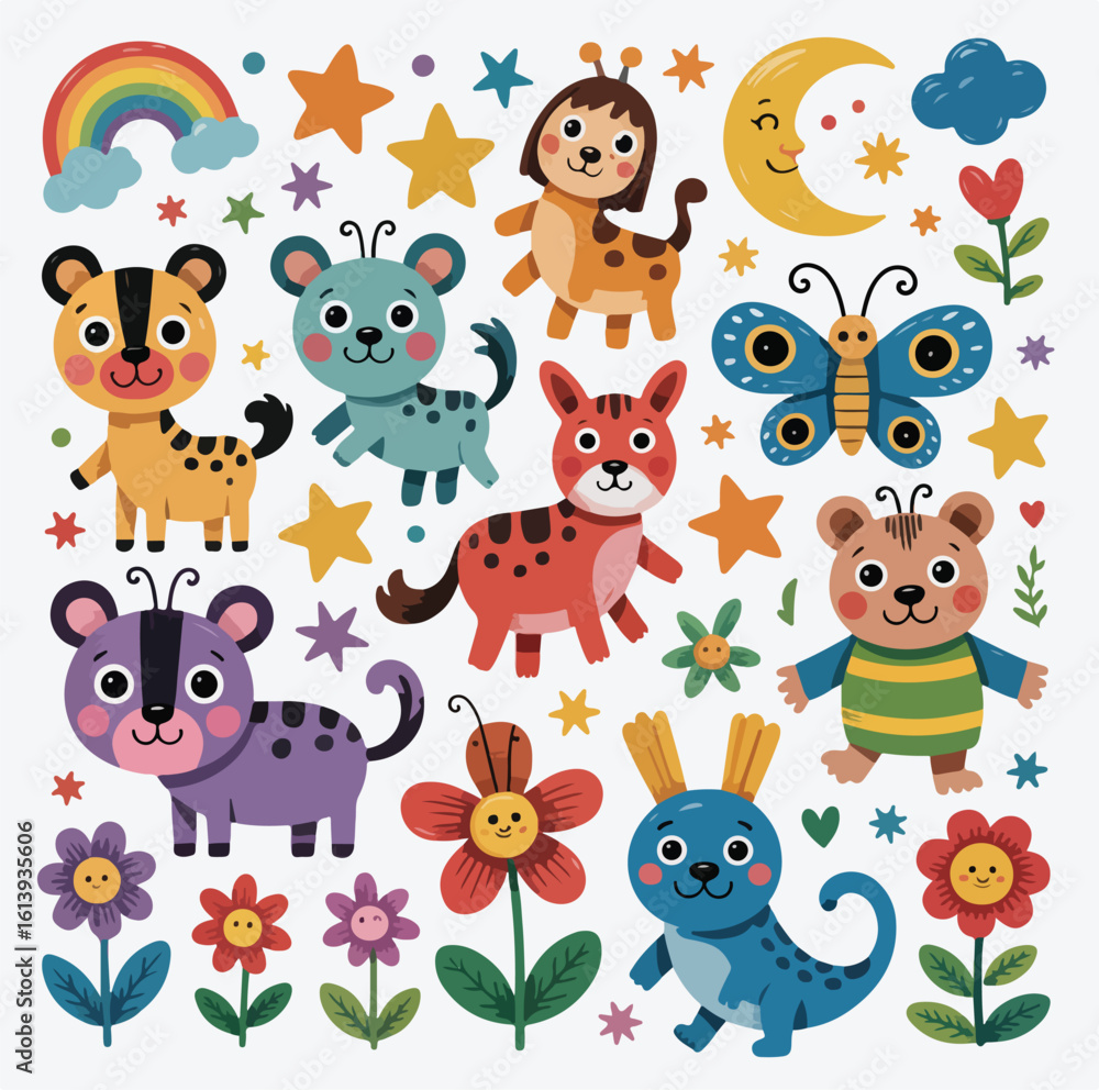 Obraz premium Cartoon baby animal vector collection: funny owl, dog, bird, panda, cow, lion, monster, zebra, cat, elephant, and pig icon set illustration for zoo safari