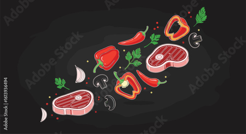 A culinary symphony of fresh ingredients creating delicious food art on a black background