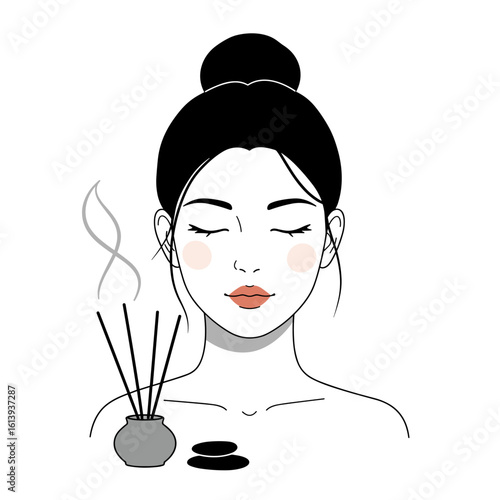 Young woman enjoying aromatherapy with diffuser and stones  