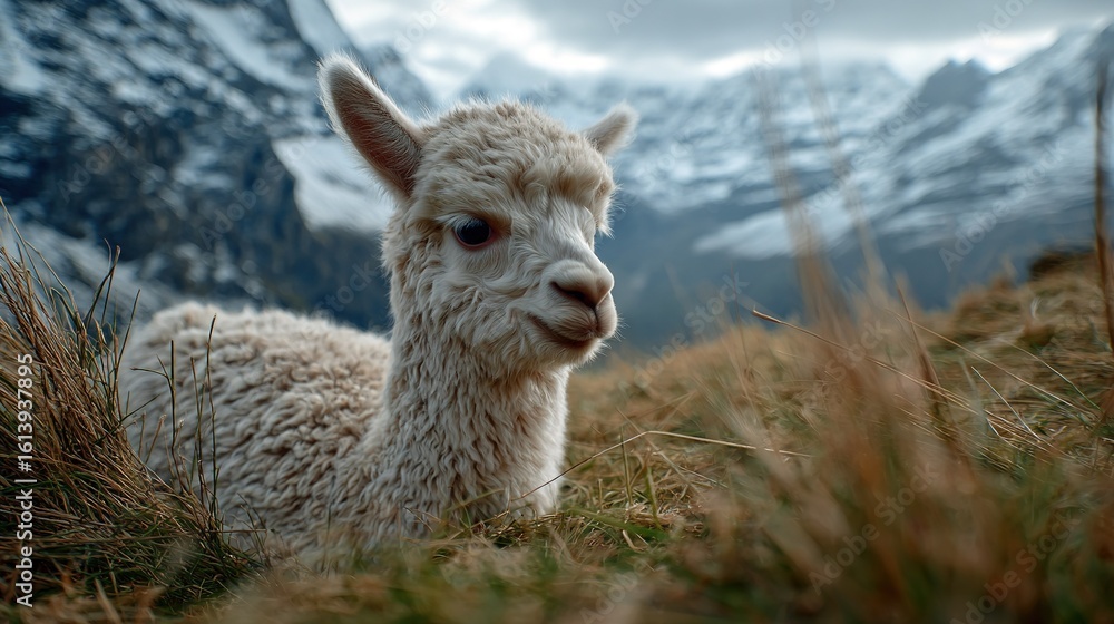 Obraz premium A close-up of a llama in a field of grass, with a mountain in the background
