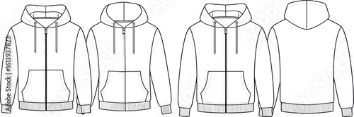 Vector Flat Technical Sketch of Zipper Hoodie for Men and Women, Front and Back View, Fashion CAD Template Illustration