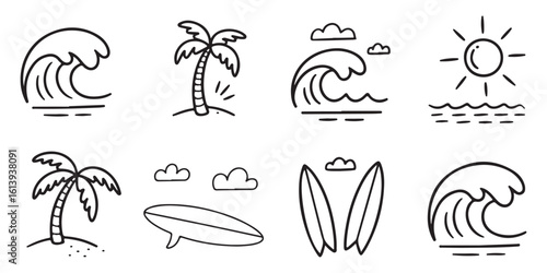 Eight Black and White Hand Drawn Beach Icons Set Including Ocean Waves Palm Trees Sun Surfboards Clouds Simple Line Art Summer