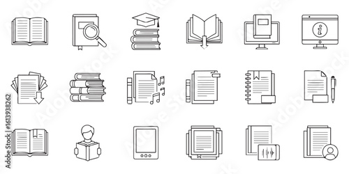 Collection of Black and White Line Art Book Icons Illustrating Reading Studying Research and Writing Concepts Including Open Books