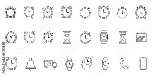 Collection of Black and White Line Art Clock Icons Including Alarm Clocks Stopwatches Wristwatches Hourglasses and a Calendar