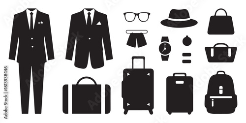 Black and White Icons of Mens Suit Clothing Accessories Luggage and Travel Items vector